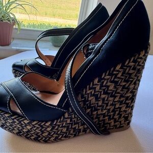 Sergio Rossi Black Woven Espadrille Platform Wedges